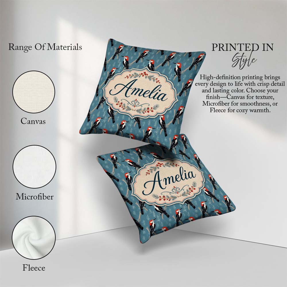 Custom Name Red Headed Woodpecker Birds on Blue Forest Seamless Square Filled Cushion Throw Pillow Sofa Bed Home Decor Zip Washable UK Made