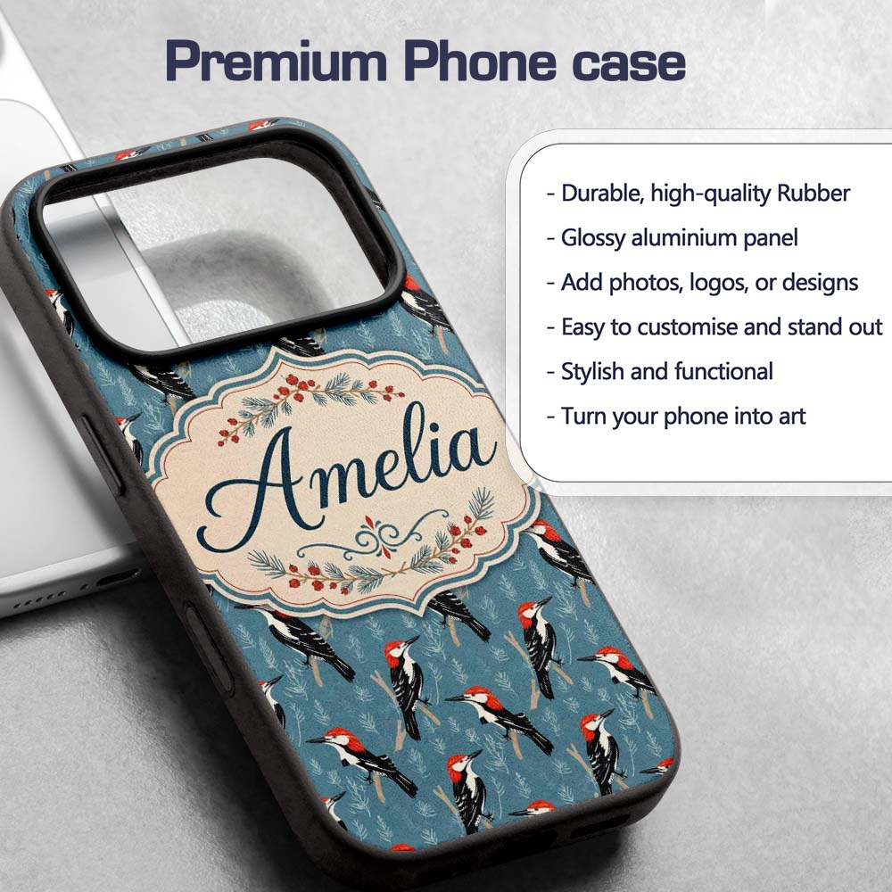 Red Headed Woodpecker Birds on Printed Design Custom Name Protective Phone Case Mobile Cover Durable Everyday Smartphone Shock Resistant