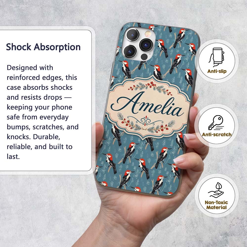 Red Headed Woodpecker Birds on Printed Design Custom Name Protective Phone Case Mobile Cover Durable Everyday Smartphone Shock Resistant