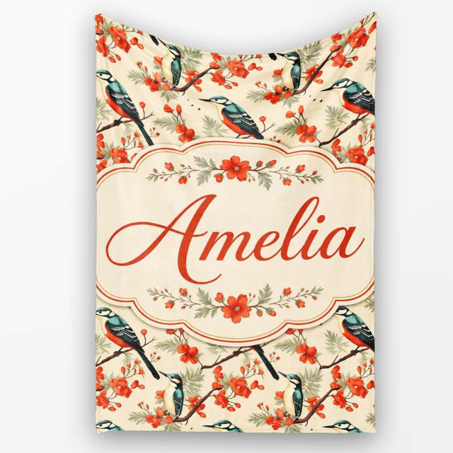 Blue and Red Birds with Floral Branch Garden Seamless Pattern Lovely  Personalised Custom Name Super Soft Fleece Blanket Bed Sofa Throw