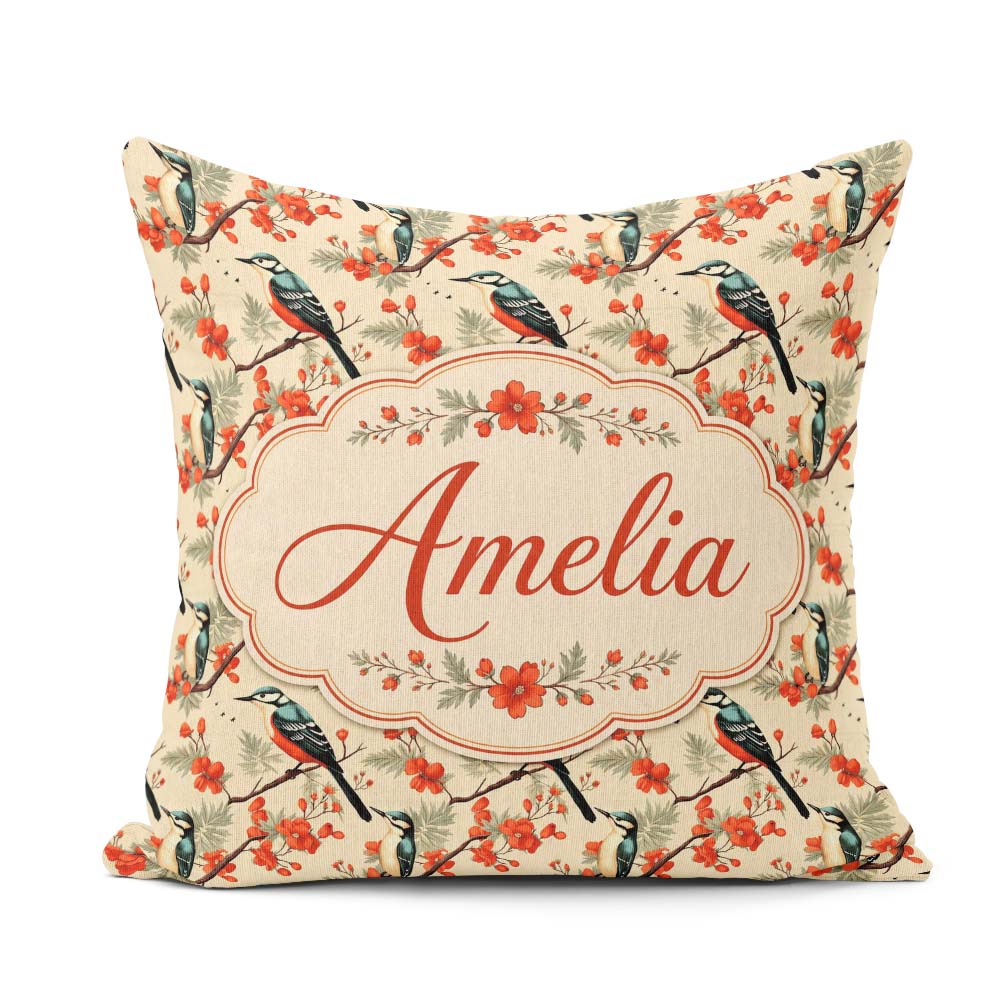 Custom Name Blue and Red Birds with Floral Branch Garden Pattern Square Filled Cushion Throw Pillow Sofa Bed Home Decor Zip Washable UK Made