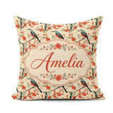 Custom Name Blue and Red Birds with Floral Branch Garden Pattern Square Filled Cushion Throw Pillow Sofa Bed Home Decor Zip Washable UK Made