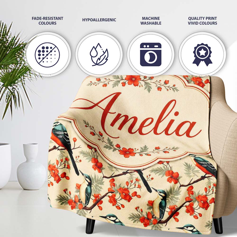 Blue and Red Birds with Floral Branch Garden Seamless Pattern Lovely  Personalised Custom Name Super Soft Fleece Blanket Bed Sofa Throw