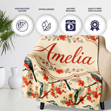 Blue and Red Birds with Floral Branch Garden Seamless Pattern Lovely  Personalised Custom Name Super Soft Fleece Blanket Bed Sofa Throw