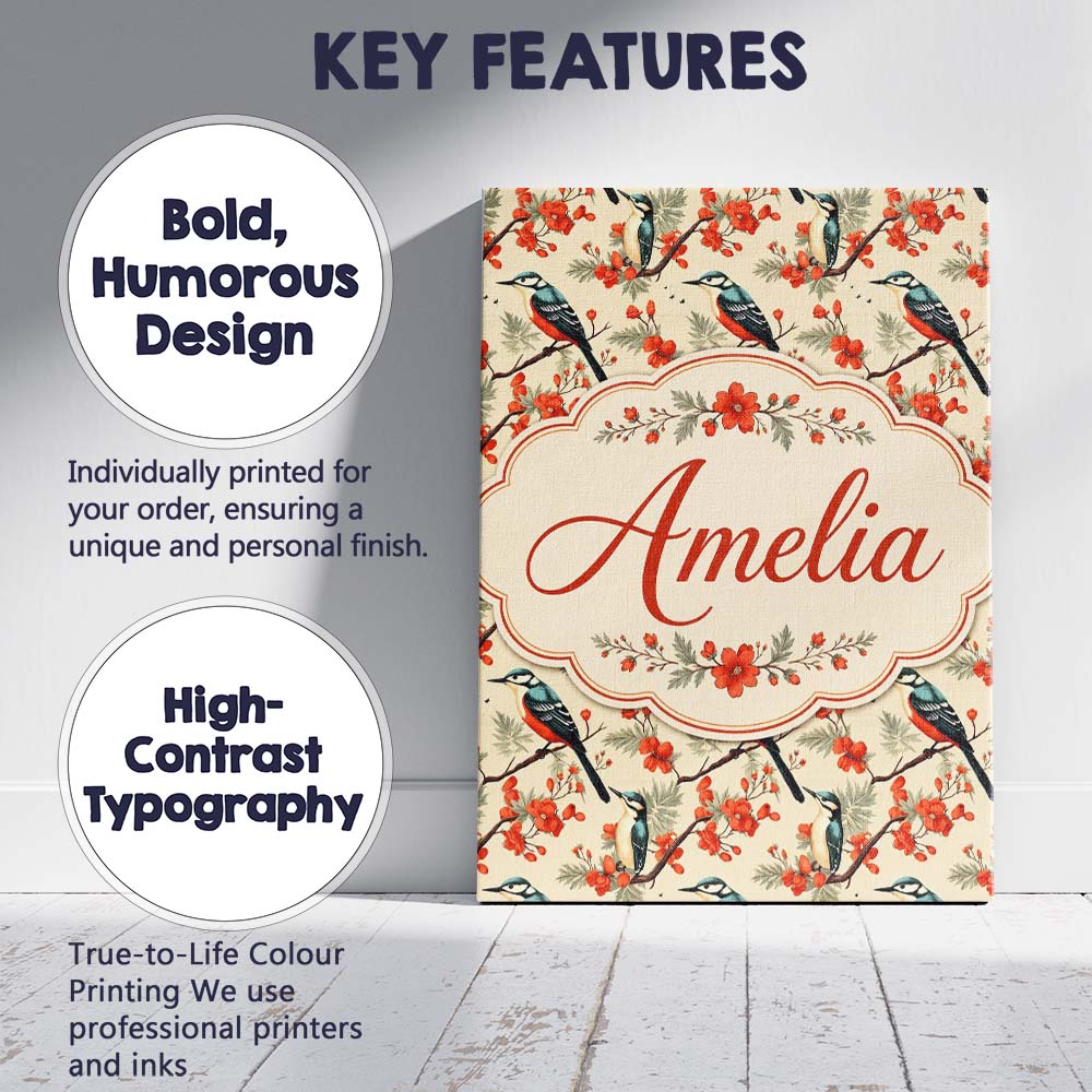 Personalised Name Blue and Red Birds with Custom  Unique Gift Idea Elegant Feature Canvas Wall Art Print Decor Picture Ready to Hang
