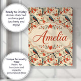 Personalised Name Blue and Red Birds with Custom  Unique Gift Idea Elegant Feature Canvas Wall Art Print Decor Picture Ready to Hang