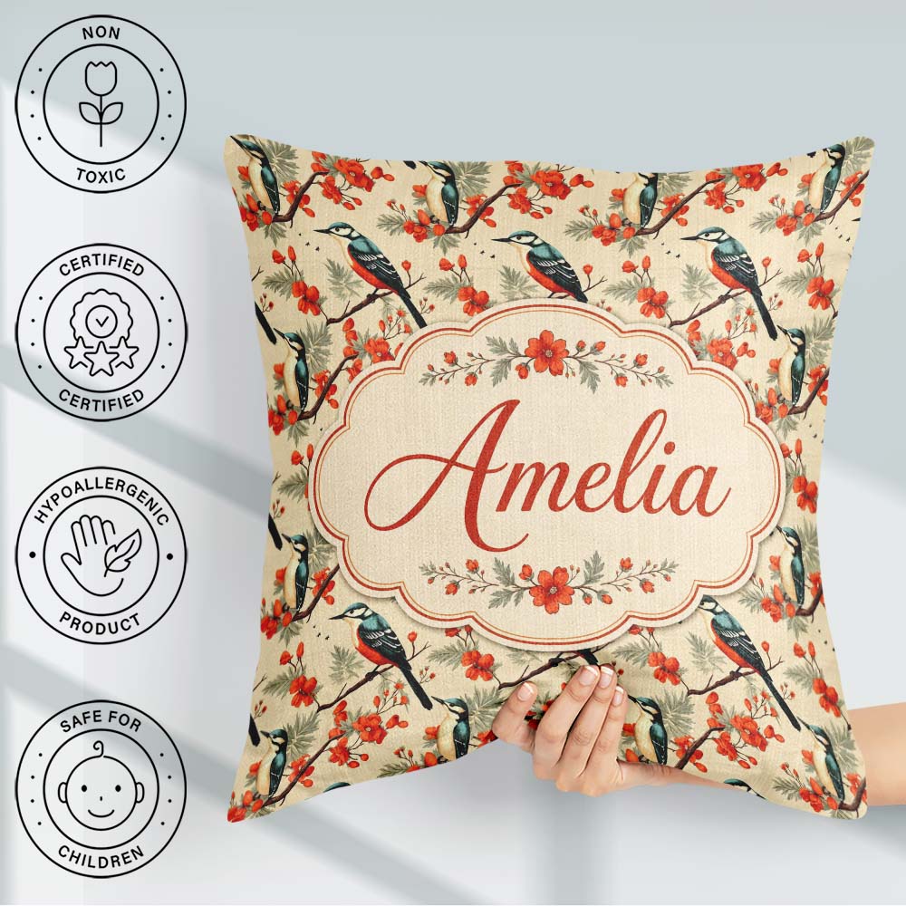 Custom Name Blue and Red Birds with Floral Branch Garden Pattern Square Filled Cushion Throw Pillow Sofa Bed Home Decor Zip Washable UK Made