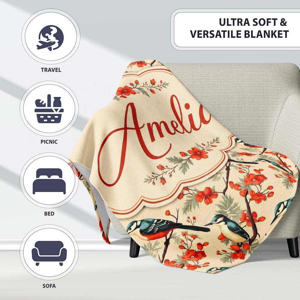 Blue and Red Birds with Floral Branch Garden Seamless Pattern Lovely  Personalised Custom Name Super Soft Fleece Blanket Bed Sofa Throw