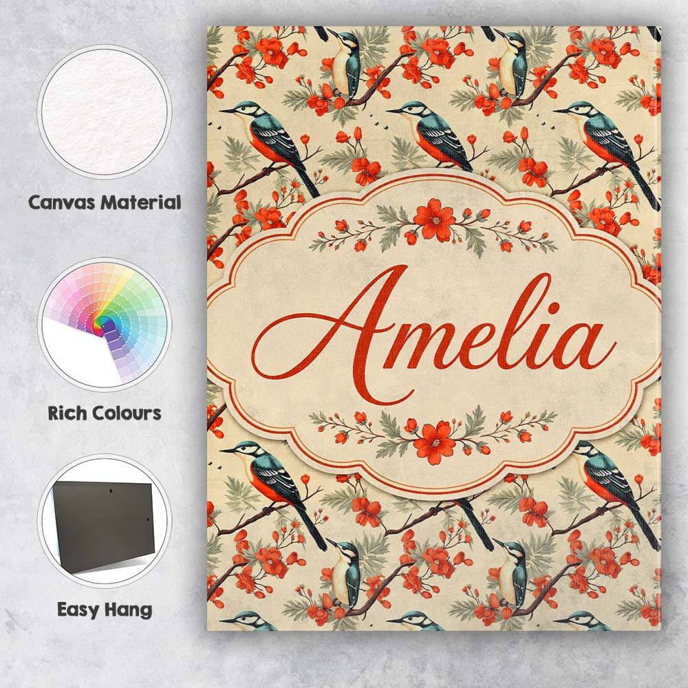 Personalised Name Blue and Red Birds with Custom  Unique Gift Idea Elegant Feature Canvas Wall Art Print Decor Picture Ready to Hang