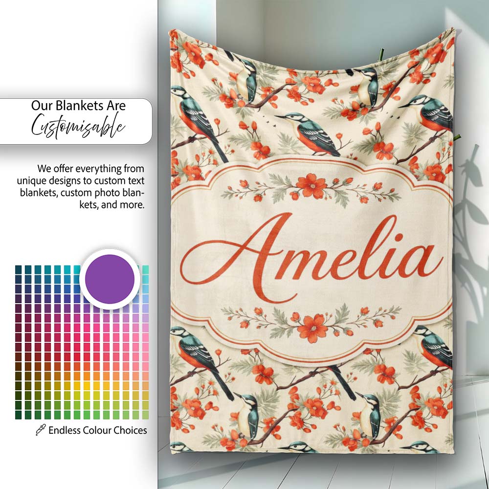 Blue and Red Birds with Floral Branch Garden Seamless Pattern Lovely  Personalised Custom Name Super Soft Fleece Blanket Bed Sofa Throw