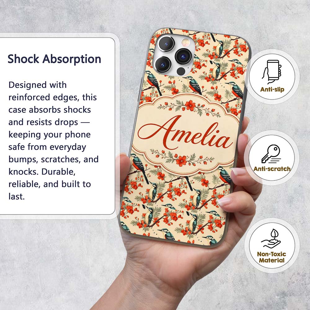 Blue and Red Birds with Floral Branch Garden Custom Name Protective Phone Case Mobile Cover Durable Everyday Smartphone Shock Resistant