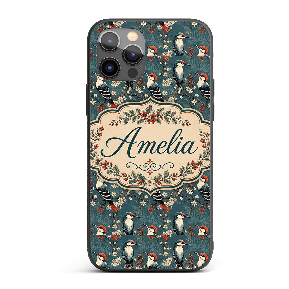 Vintage Style Woodpecker Birds with Blossoms and Custom Name Protective Phone Case Mobile Cover Durable Everyday Smartphone Shock Resistant