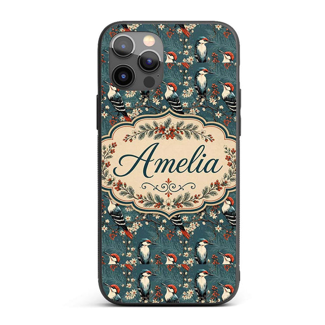 Vintage Style Woodpecker Birds with Blossoms and Custom Name Protective Phone Case Mobile Cover Durable Everyday Smartphone Shock Resistant