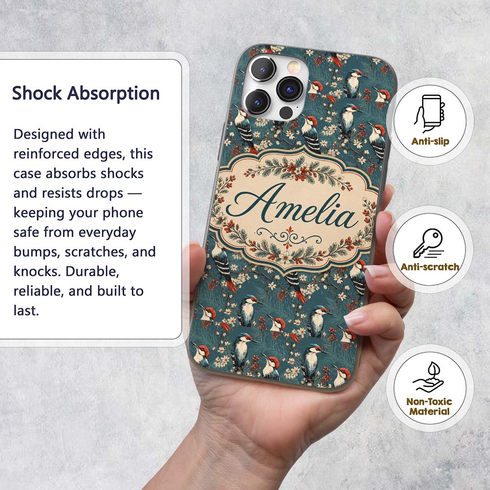 Vintage Style Woodpecker Birds with Blossoms and Custom Name Protective Phone Case Mobile Cover Durable Everyday Smartphone Shock Resistant