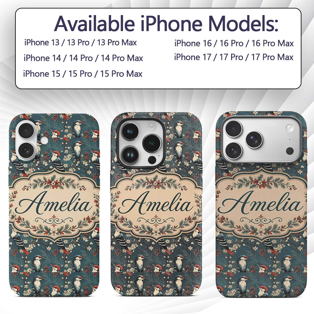 Vintage Style Woodpecker Birds with Blossoms and Custom Name Protective Phone Case Mobile Cover Durable Everyday Smartphone Shock Resistant