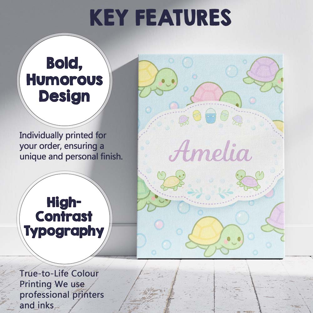 Personalised Name Cute Pastel Turtle Cartoon Animal Ocean Pattern Custom  Bespoke Canvas Wall Art Print Decor Picture Ready to Hang