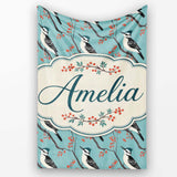Black and White Woodpecker Birds with Red Berries Seamless Pattern  Personalised Custom Name Super Soft Fleece Blanket Bed Sofa Throw