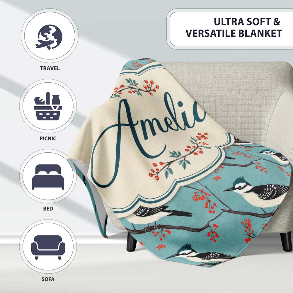 Black and White Woodpecker Birds with Red Berries Seamless Pattern  Personalised Custom Name Super Soft Fleece Blanket Bed Sofa Throw