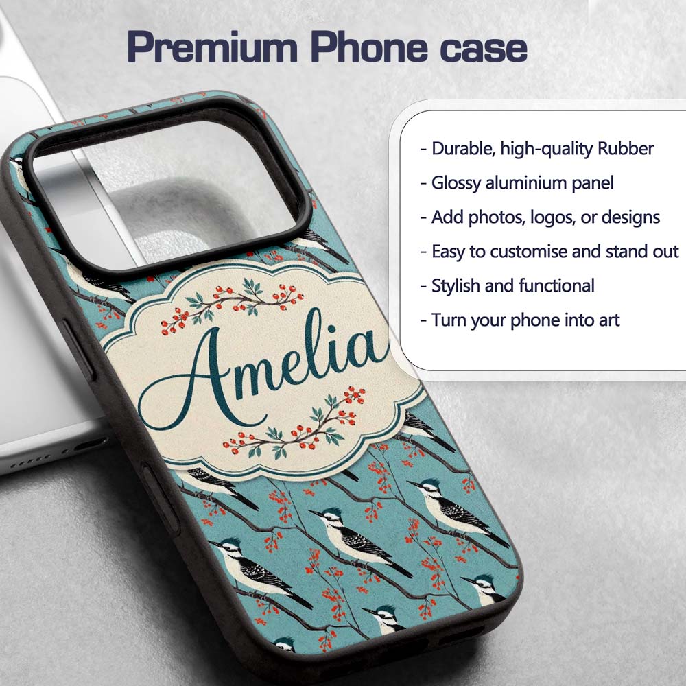 Black and White Woodpecker Birds with Red Berries Custom Name Protective Phone Case Mobile Cover Durable Everyday Smartphone Shock Resistant