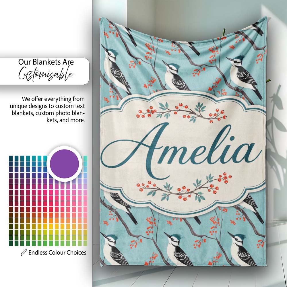 Black and White Woodpecker Birds with Red Berries Seamless Pattern  Personalised Custom Name Super Soft Fleece Blanket Bed Sofa Throw