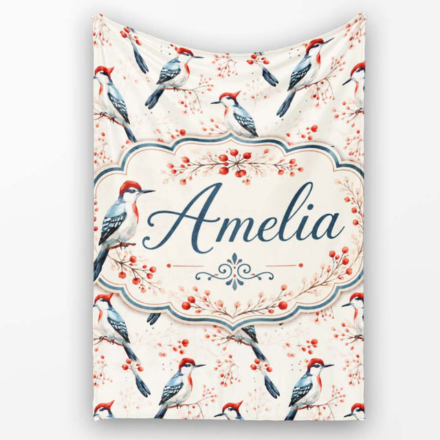 Soft Watercolor Woodpecker Birds with Berry Branch Seamless Pattern  Personalised Custom Name Super Soft Fleece Blanket Bed Sofa Throw