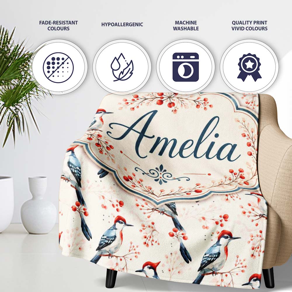 Soft Watercolor Woodpecker Birds with Berry Branch Seamless Pattern  Personalised Custom Name Super Soft Fleece Blanket Bed Sofa Throw