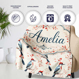 Soft Watercolor Woodpecker Birds with Berry Branch Seamless Pattern  Personalised Custom Name Super Soft Fleece Blanket Bed Sofa Throw