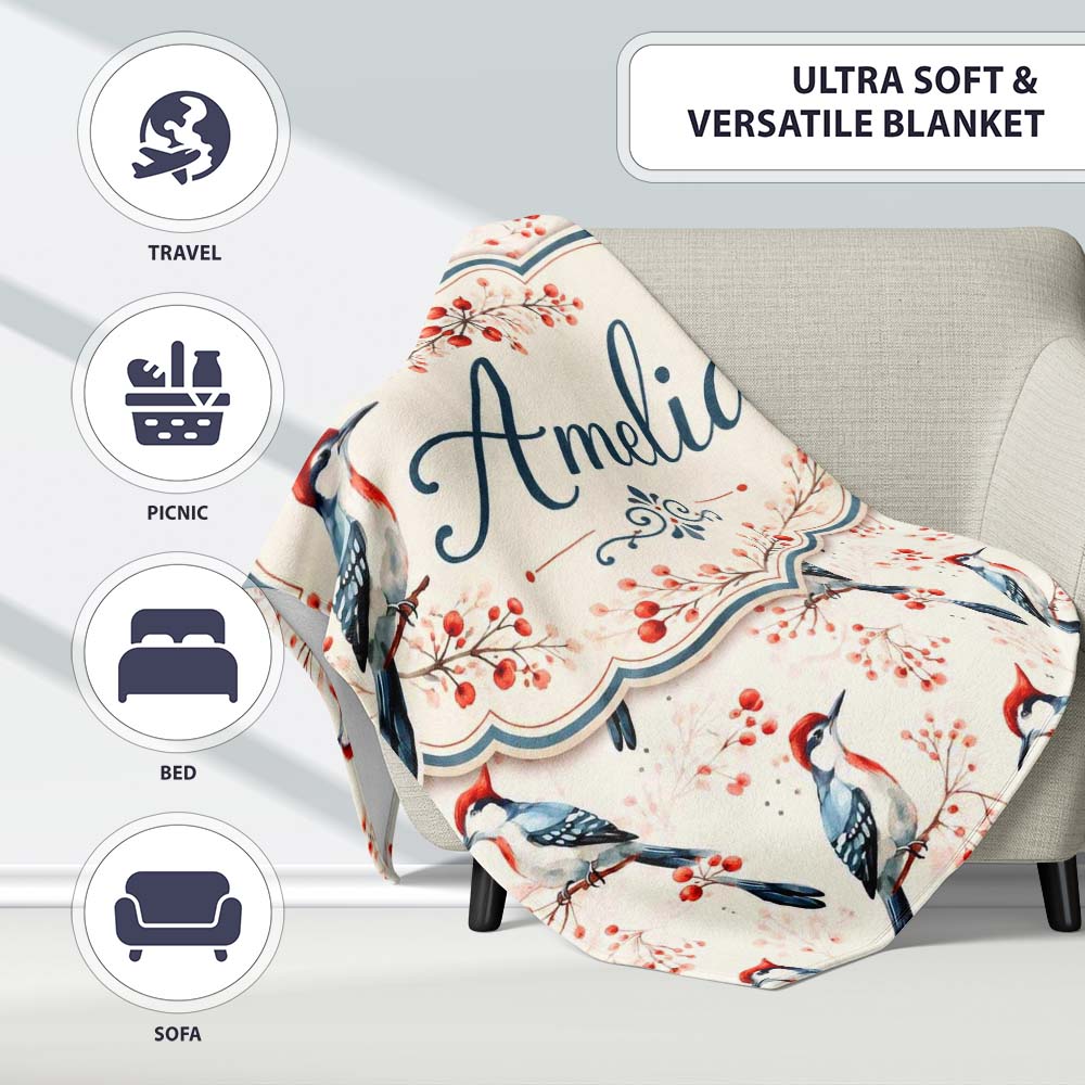 Soft Watercolor Woodpecker Birds with Berry Branch Seamless Pattern  Personalised Custom Name Super Soft Fleece Blanket Bed Sofa Throw
