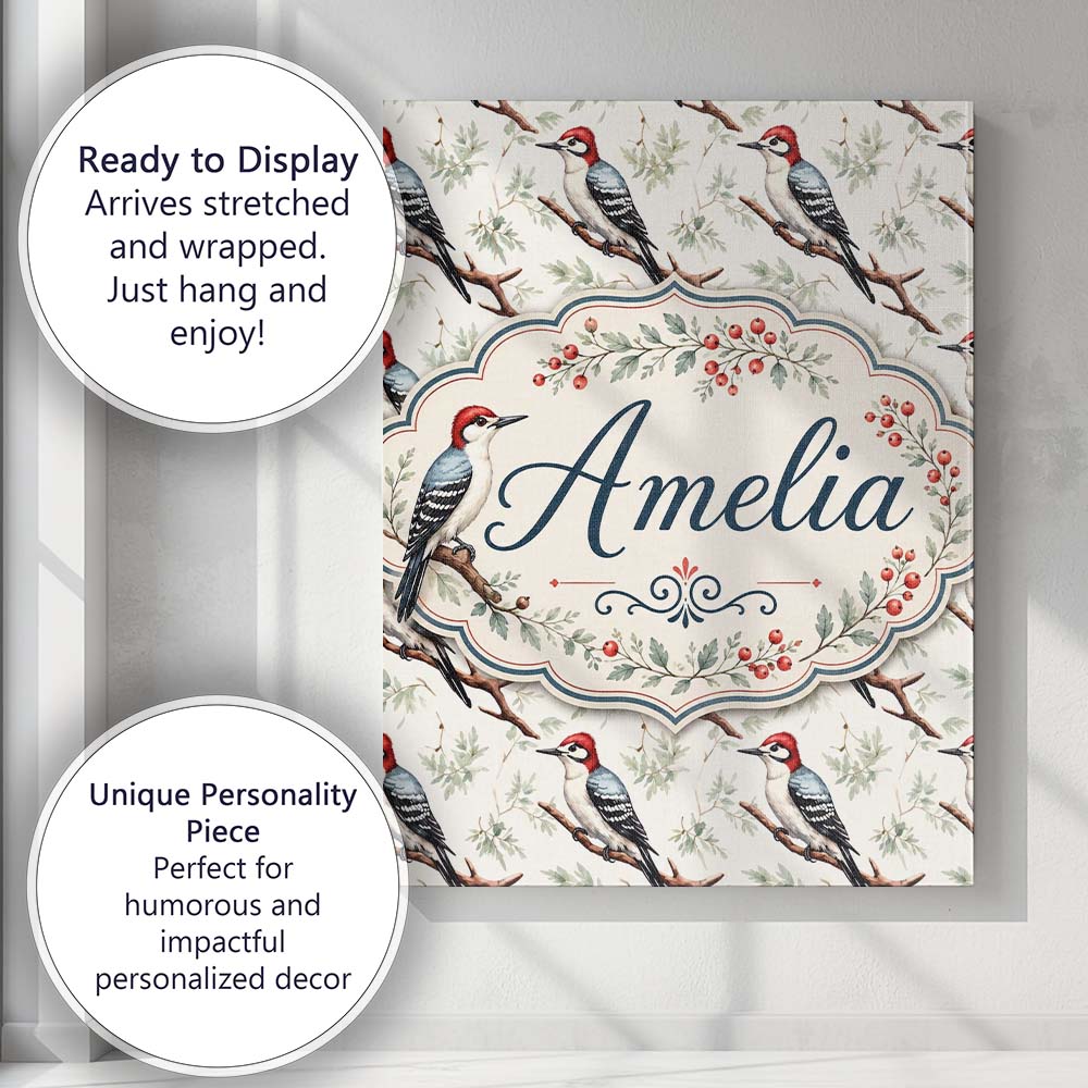 Personalised Name Realistic Woodpecker Custom  Modern Room Accent Elegant Feature Canvas Wall Art Print Decor Picture Ready to Hang