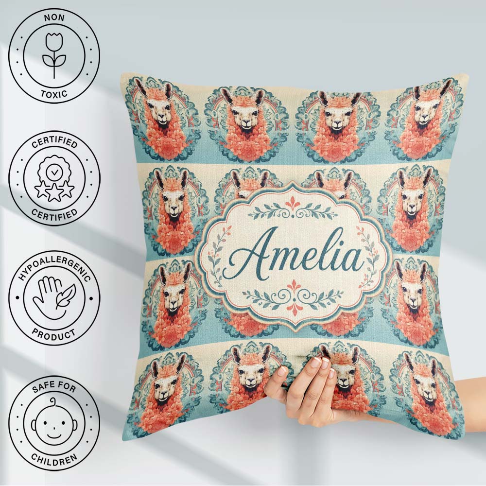 Custom Name Floral Llama Portrait with Ornate Mandala Background Square Filled Cushion Throw Pillow Sofa Bed Home Decor Zip Washable UK Made