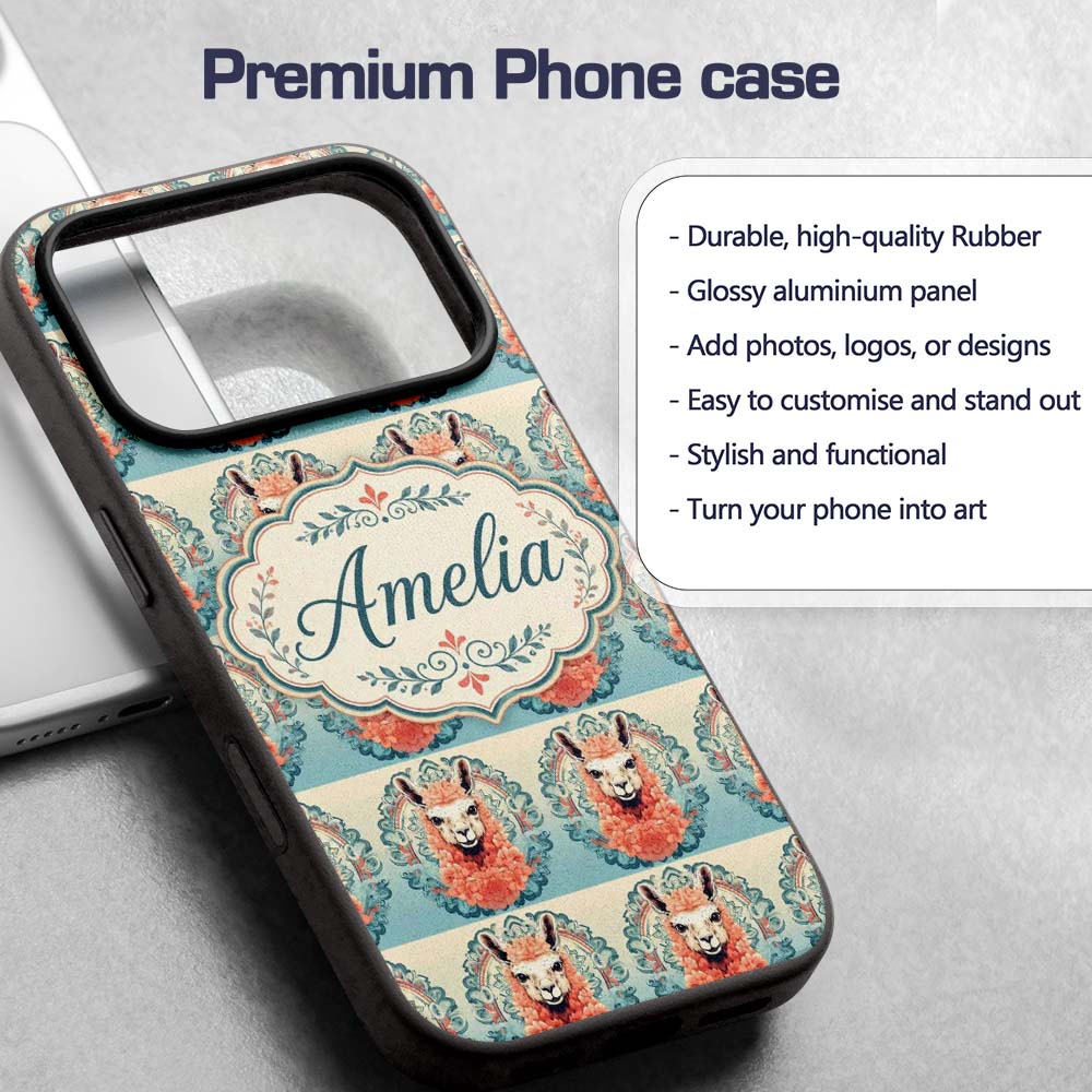 Floral Llama Portrait with Ornate Printed Design Custom Name Protective Phone Case Mobile Cover Durable Everyday Smartphone Shock Resistant