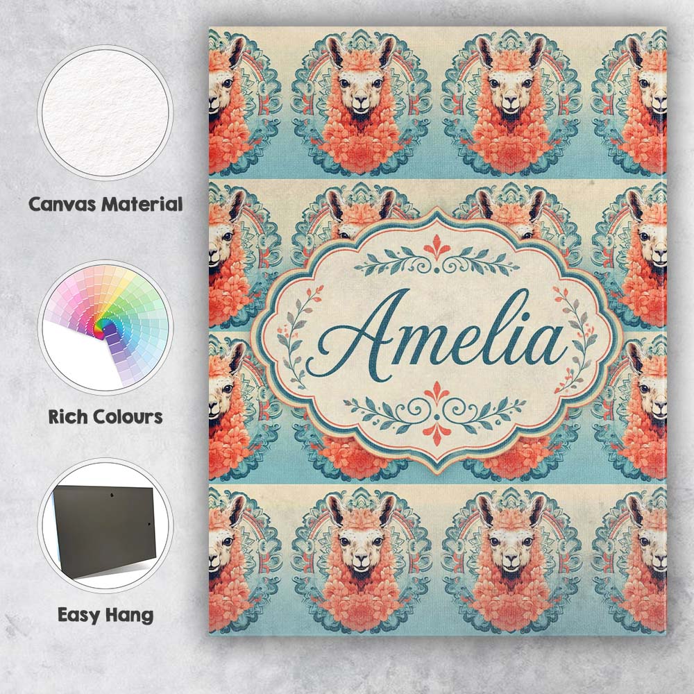 Personalised Name Floral Llama Portrait Custom  Modern Room Accent Elegant Feature Canvas Wall Art Print Decor Picture Ready to Hang