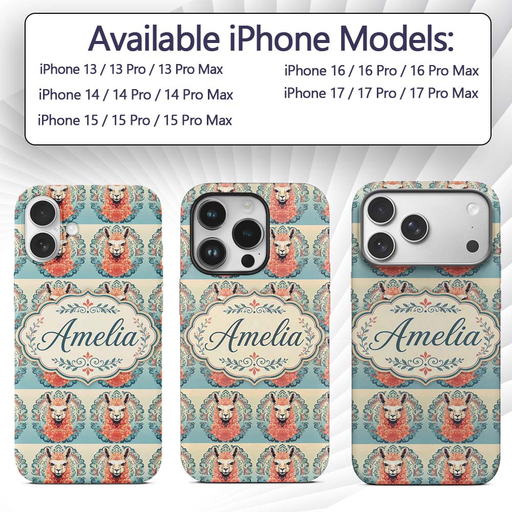 Floral Llama Portrait with Ornate Printed Design Custom Name Protective Phone Case Mobile Cover Durable Everyday Smartphone Shock Resistant