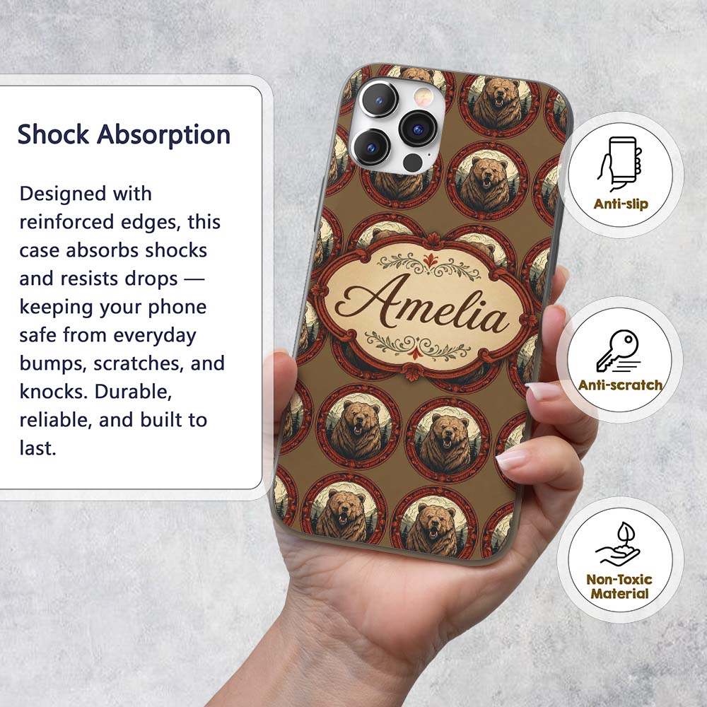 Majestic Bear Portrait in Ornate Frame Seamless Custom Name Protective Phone Case Mobile Cover Durable Everyday Smartphone Shock Resistant