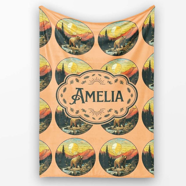 Wild Bear in Mountain Landscape Circle Design Seamless Pattern  Personalised Custom Name Super Soft Fleece Blanket Bed Sofa Throw