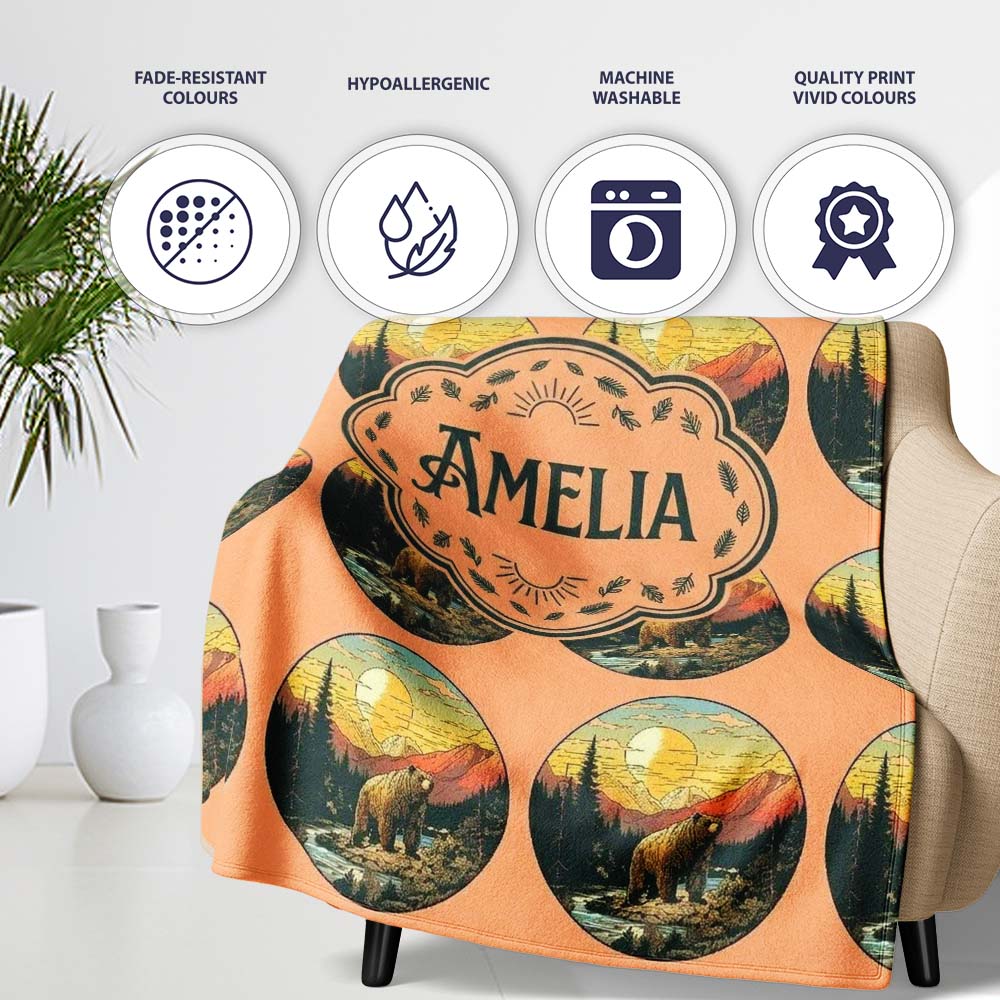 Wild Bear in Mountain Landscape Circle Design Seamless Pattern  Personalised Custom Name Super Soft Fleece Blanket Bed Sofa Throw