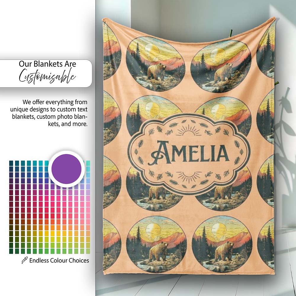 Wild Bear in Mountain Landscape Circle Design Seamless Pattern  Personalised Custom Name Super Soft Fleece Blanket Bed Sofa Throw