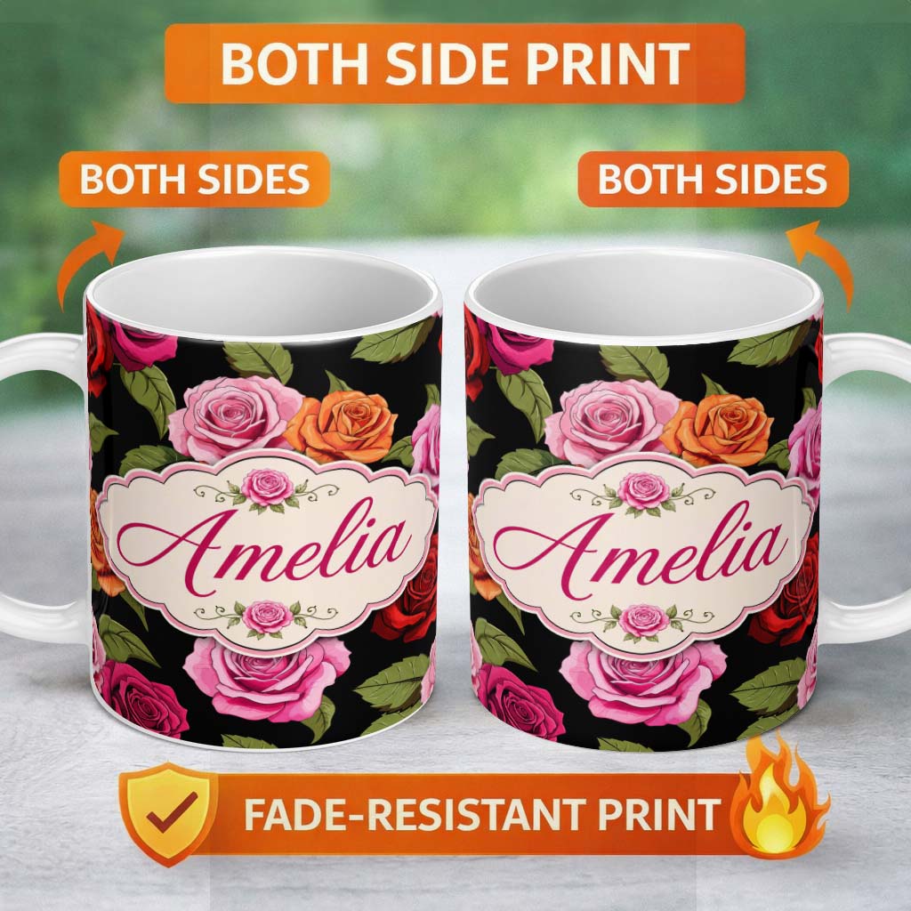 Personalized Custom Name Colorful Roses on Black Background Seamless Floral Pattern Lovely 11oz Ceramic Coffee Tea Mug White Large Handle