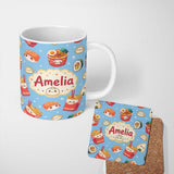 Personalized Custom Name Cute Kawaii Sushi Ramen Dumpling Food Blue Background Seamless 11oz Ceramic Coffee Tea Mug White Large Handle