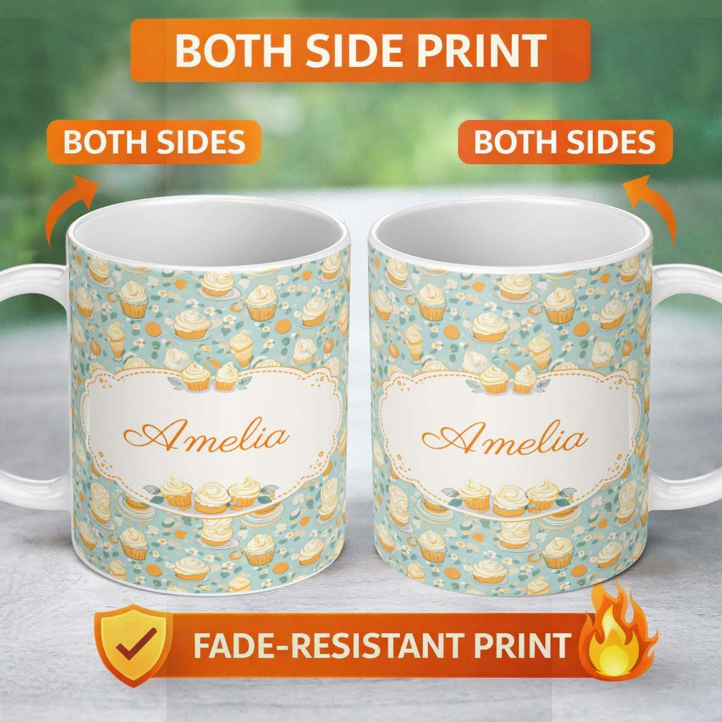 Personalized Custom Name Realistic Butter Croissant Bakery Style Repeating Seamless Pattern 11oz Ceramic Coffee Tea Mug White Large Handle