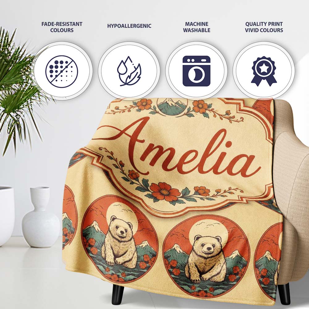 Cute Bear with Mountain and Sun Background Seamless Pattern Lovely  Personalised Custom Name Super Soft Fleece Blanket Bed Sofa Throw