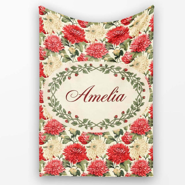 Red and Cream Chrysanthemum Floral Garden Seamless Pattern Lovely  Personalised Custom Name Super Soft Fleece Blanket Bed Sofa Throw