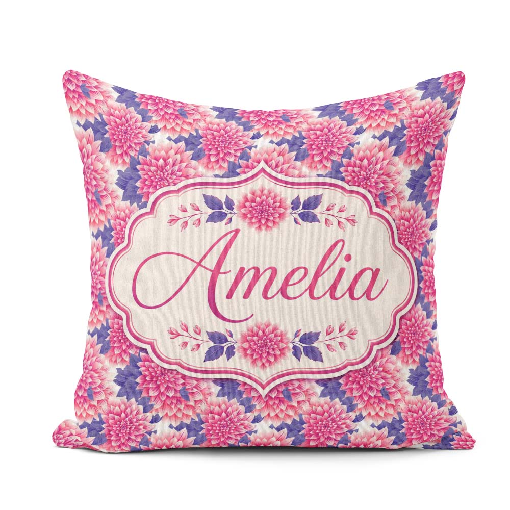 Custom Name Pink Dahlia Floral Bloom with Purple Leaves Seamless Square Filled Cushion Throw Pillow Sofa Bed Home Decor Zip Washable UK Made