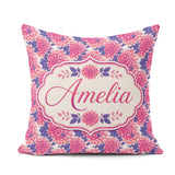 Custom Name Pink Dahlia Floral Bloom with Purple Leaves Seamless Square Filled Cushion Throw Pillow Sofa Bed Home Decor Zip Washable UK Made