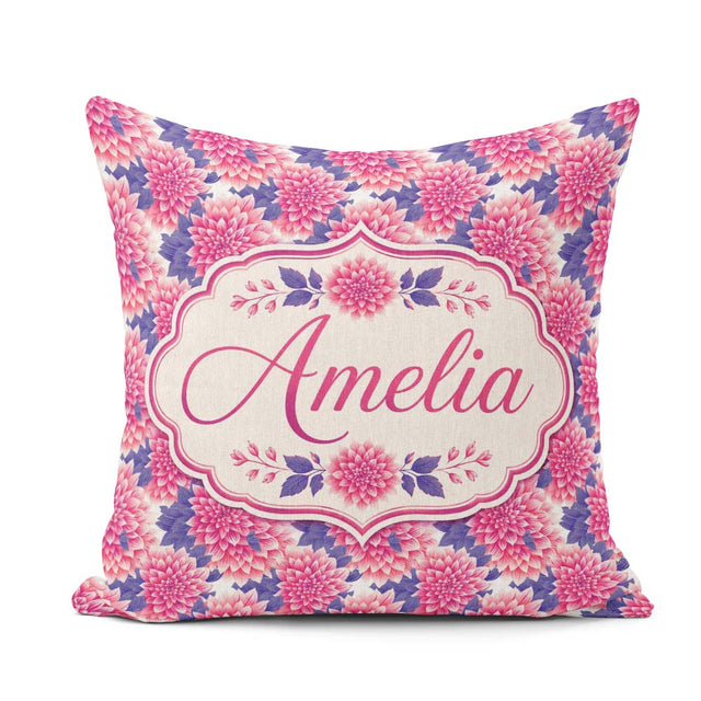 Custom Name Pink Dahlia Floral Bloom with Purple Leaves Seamless Square Filled Cushion Throw Pillow Sofa Bed Home Decor Zip Washable UK Made