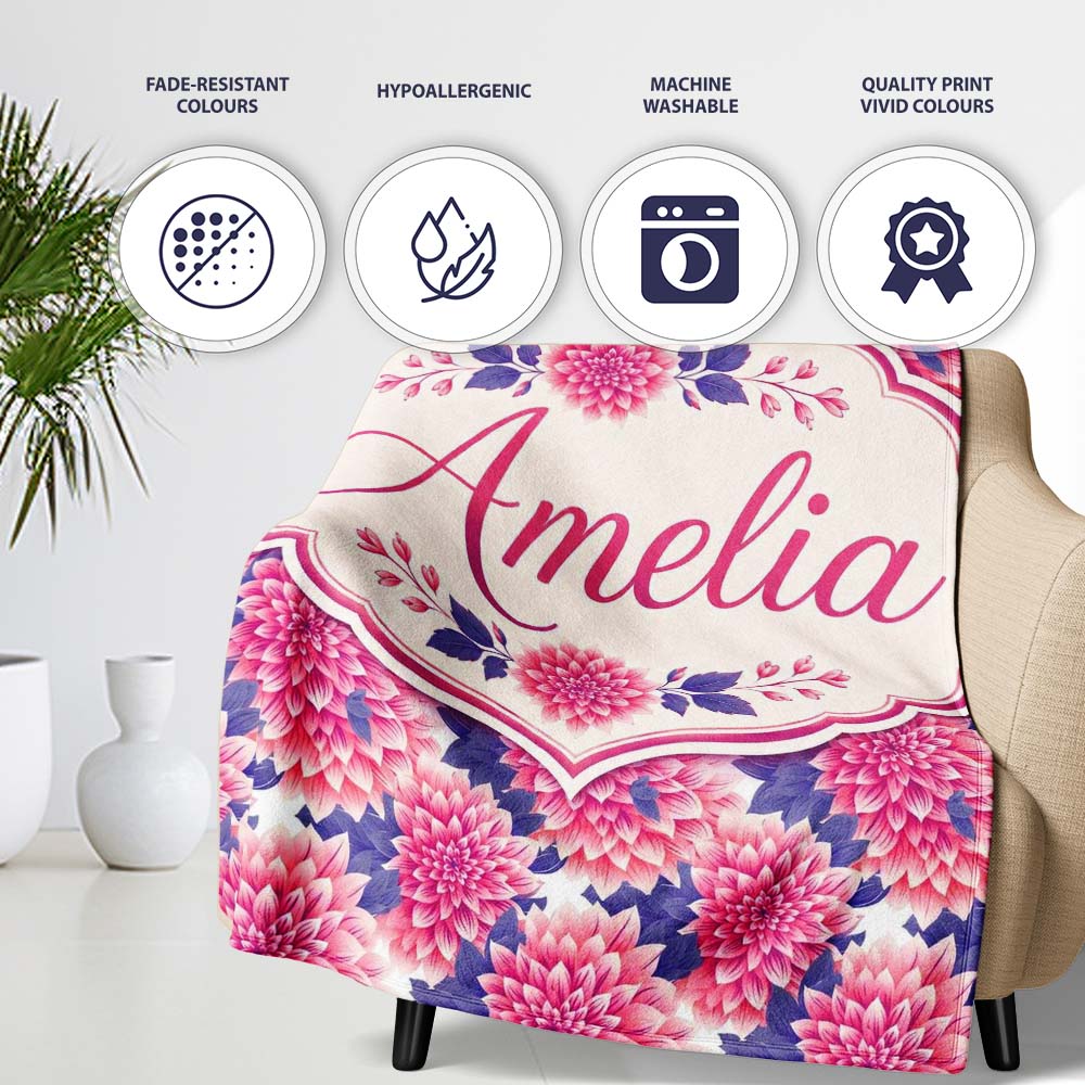 Pink Dahlia Floral Bloom with Soft Purple Leaves Seamless Pattern  Personalised Custom Name Super Soft Fleece Blanket Bed Sofa Throw