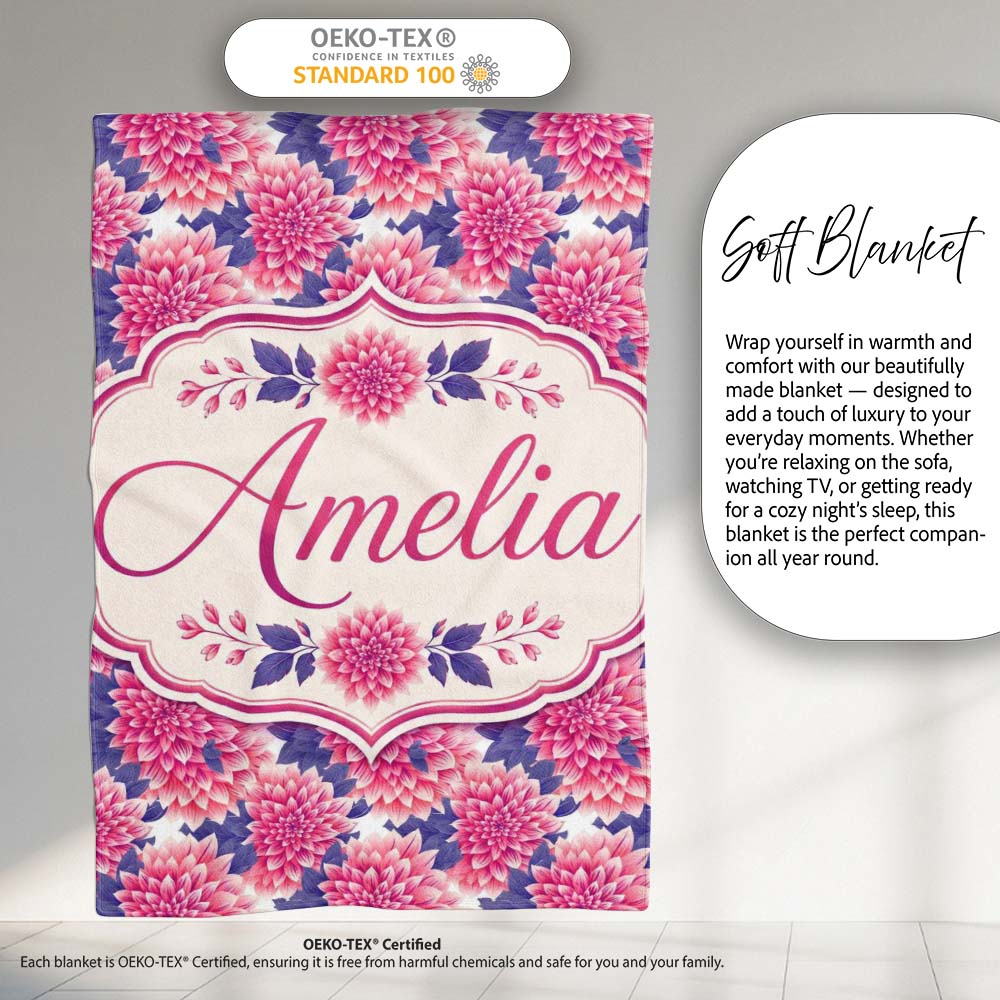 Pink Dahlia Floral Bloom with Soft Purple Leaves Seamless Pattern  Personalised Custom Name Super Soft Fleece Blanket Bed Sofa Throw