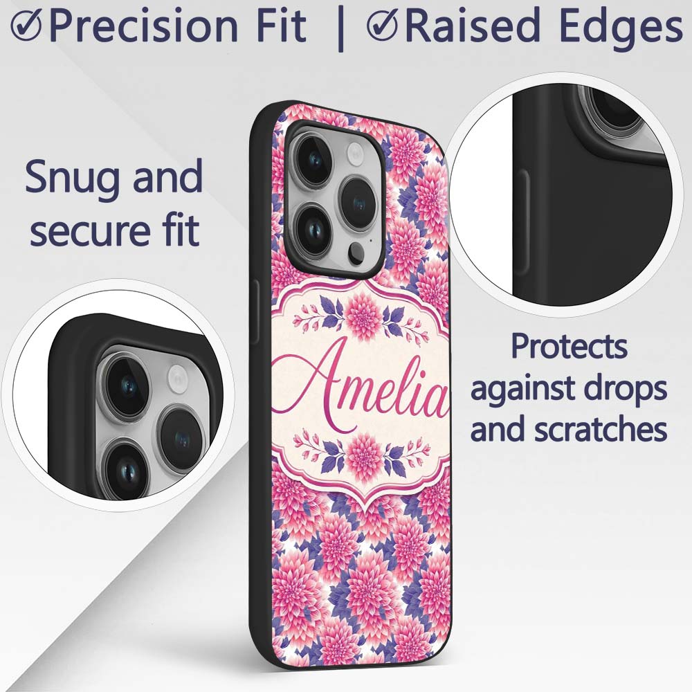 Pink Dahlia Floral Bloom with Soft Purple Leaves Custom Name Protective Phone Case Mobile Cover Durable Everyday Smartphone Shock Resistant