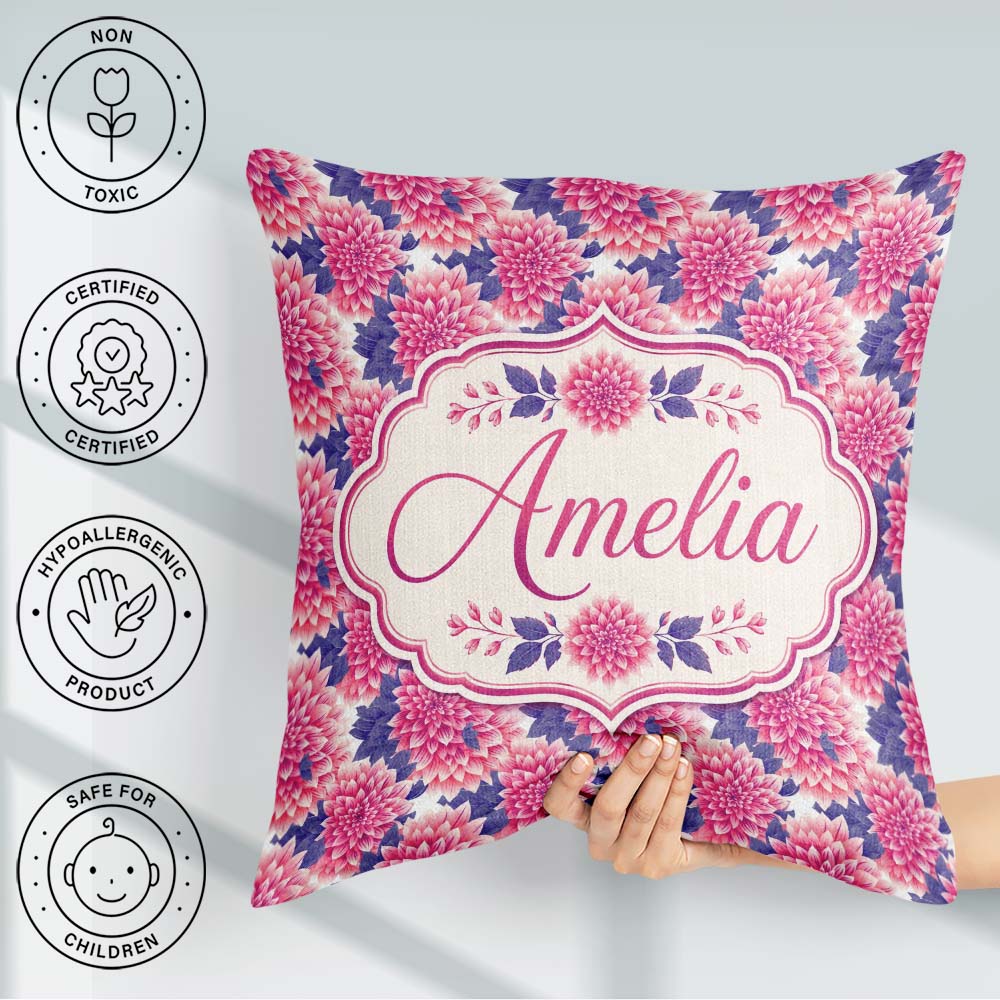Custom Name Pink Dahlia Floral Bloom with Purple Leaves Seamless Square Filled Cushion Throw Pillow Sofa Bed Home Decor Zip Washable UK Made