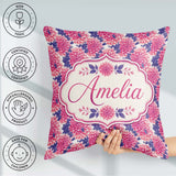 Custom Name Pink Dahlia Floral Bloom with Purple Leaves Seamless Square Filled Cushion Throw Pillow Sofa Bed Home Decor Zip Washable UK Made
